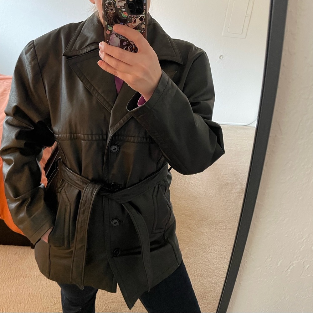 Vintage Sergio Vadducci leather trench coat jacket black, XL - Picture 3 of 13